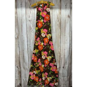 Vintage 1960s Jolyne of California Floral Maxi Dress Brown Pink Orange Size 13